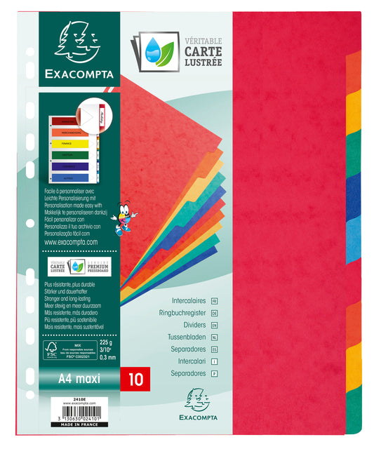 Exacompta Divider 10 Part A4 Extra Wide 225gsm Pressboard Assorted Colours - 2410E - NWT FM SOLUTIONS - YOUR CATERING WHOLESALER