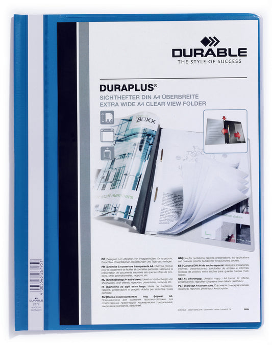 Durable Duraplus Report Folder Extra Wide A4 Blue (Pack 25) - 257906 - NWT FM SOLUTIONS - YOUR CATERING WHOLESALER