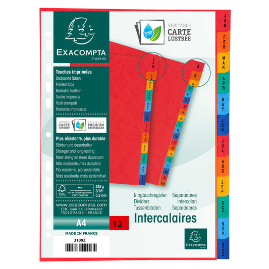 Exacompta Index Jan-Dec A4 225gsm Pressboard Assorted Colours - 3109Z - NWT FM SOLUTIONS - YOUR CATERING WHOLESALER