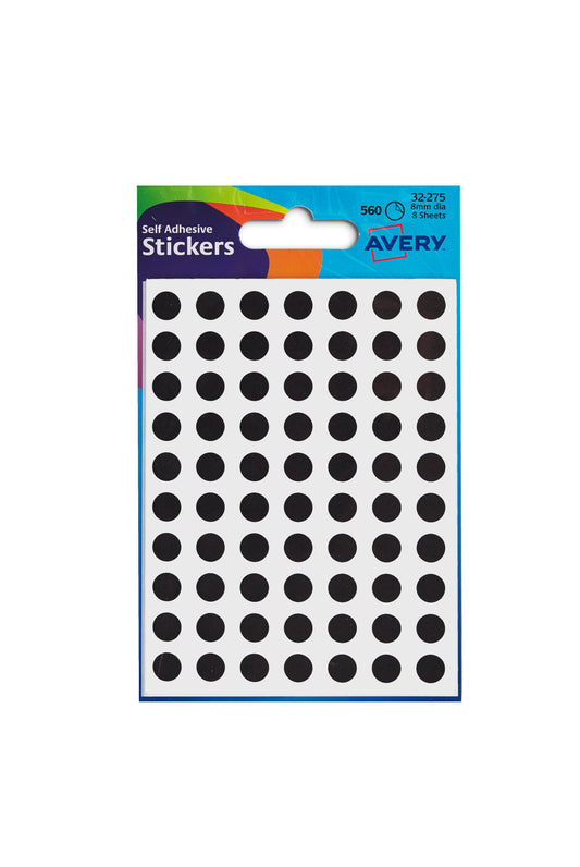 Avery Coloured Label Round 8mm Diameter Black (Pack 10 x 560 Labels) 32-275 - NWT FM SOLUTIONS - YOUR CATERING WHOLESALER