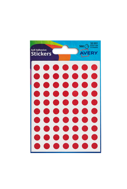 Avery Coloured Label Round 8mm Diameter Red (Pack 10 x 560 Labels) 32-301 - NWT FM SOLUTIONS - YOUR CATERING WHOLESALER