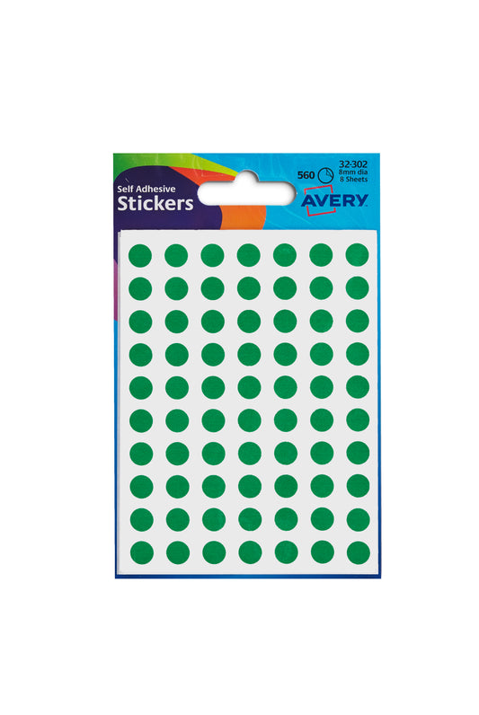 Avery Coloured Label Round 8mm Diameter Green (Pack 10 x 560 Labels) 32-302 - NWT FM SOLUTIONS - YOUR CATERING WHOLESALER