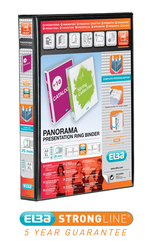 Elba Panorama Presentation Ring Binder Polypropylene 4 D-Ring A4+ 25mm Rings Black (Pack 6) - 400008414 - NWT FM SOLUTIONS - YOUR CATERING WHOLESALER