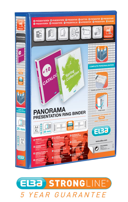 Elba Panorama Presentation Ring Binder Polypropylene 4 D-Ring A4+ 25mm Rings Blue (Pack 6) - 400008415 - NWT FM SOLUTIONS - YOUR CATERING WHOLESALER