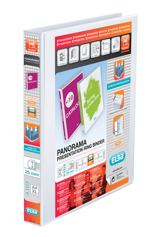 Elba Panorama Presentation Ring Binder Polypropylene 4 D-Ring A4+ 25mm Rings White (Pack 6) - 400008416 - NWT FM SOLUTIONS - YOUR CATERING WHOLESALER