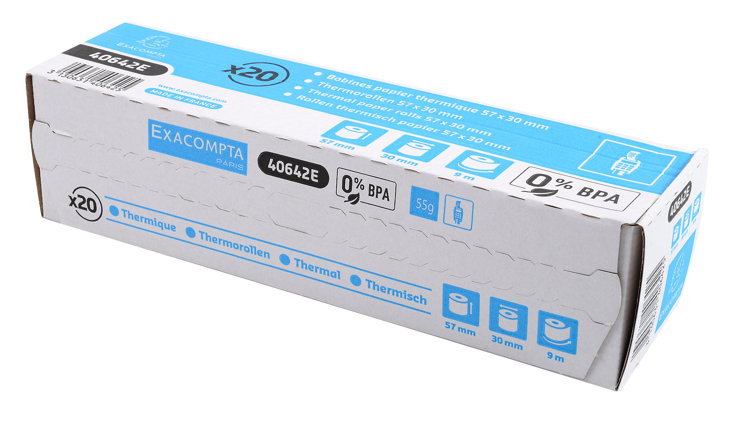 Exacompta Thermal Credit Card Roll BPA Free 1 Ply 55gsm 57x30x12mm 9m White (Pack 20) - 40642E