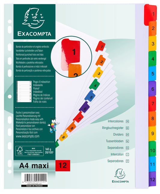 Exacompta Index 1-12 A4 Extra Wide 160gsm Card White with Coloured Plastic Tabs - 4112E - NWT FM SOLUTIONS - YOUR CATERING WHOLESALER