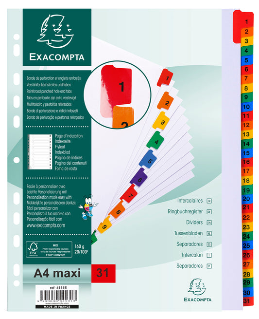 Exacompta Index 1-31 A4 Extra Wide 160gsm Card White with Coloured Mylar Tabs - 4131E - NWT FM SOLUTIONS - YOUR CATERING WHOLESALER