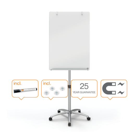 Nobo Glass Mobile Flipchart Easel Magnetic 700x1000mm Silver 1903949 - NWT FM SOLUTIONS - YOUR CATERING WHOLESALER