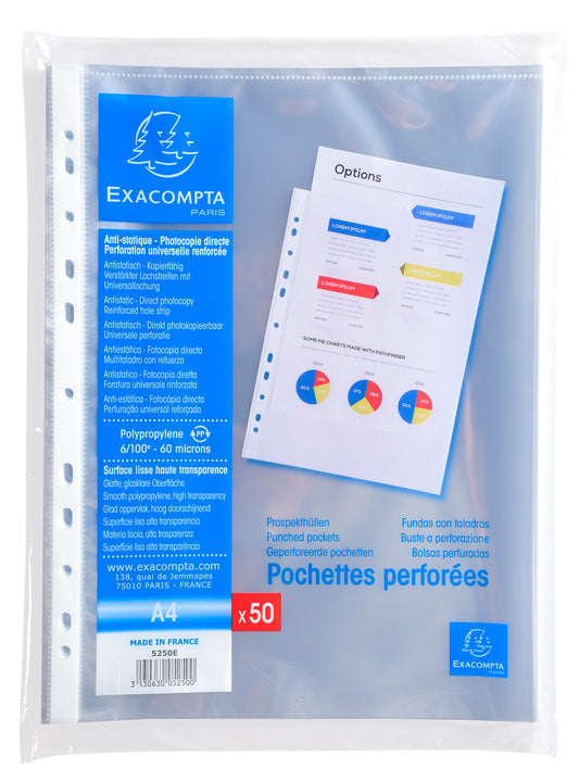 Exacompta Multi Punched Pocket Polypropylene A4 60 Micron Top Opening Clear (Pack 50) - 5250E - NWT FM SOLUTIONS - YOUR CATERING WHOLESALER