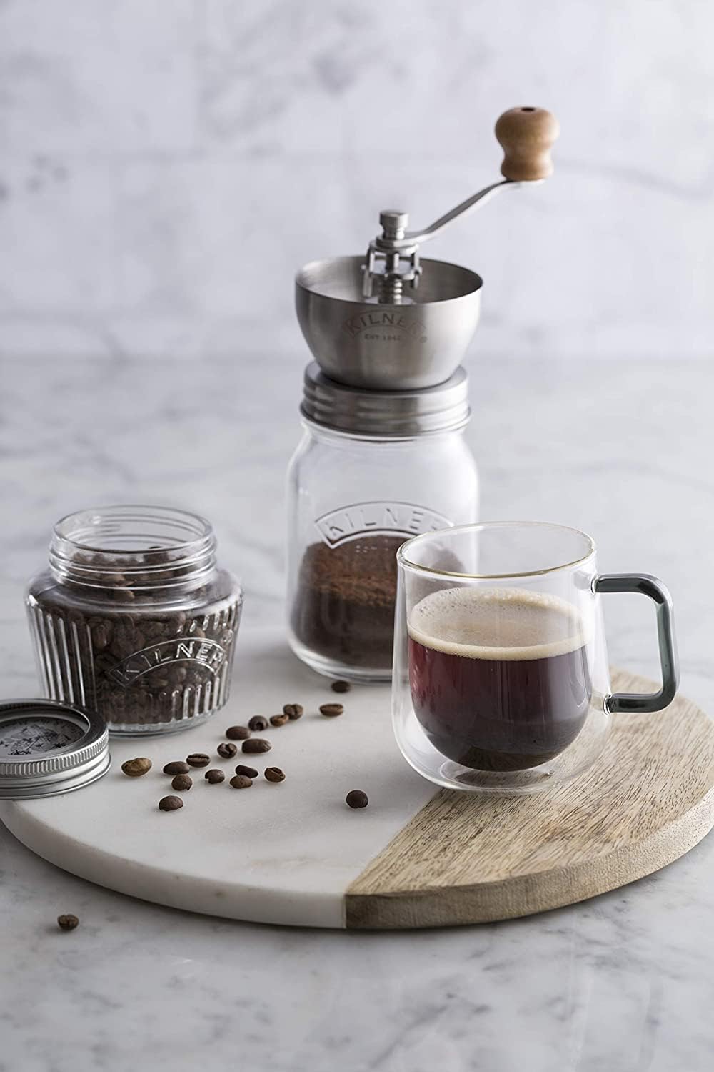 Kilner Branded Coffee Grinder Set with Glass Screw Top Storage Jar 500ml