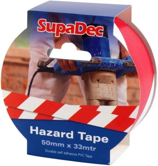 Supadec Vinyl Tape Hazard White/Red 50mmx33m PVC-50-22-HAZWR - NWT FM SOLUTIONS - YOUR CATERING WHOLESALER