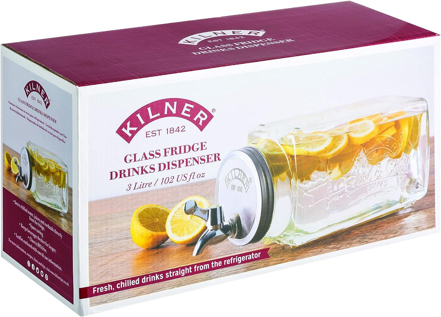 Kilner Branded 3L Square Glass Fridge Dispenser with Tap