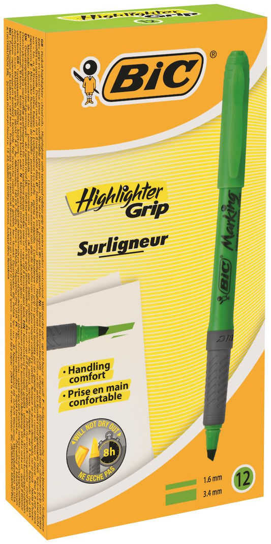 Bic Grip Highlighter Pen Chisel Tip 1.6-3.3mm Line Green (Pack 12) - 811932 - NWT FM SOLUTIONS - YOUR CATERING WHOLESALER