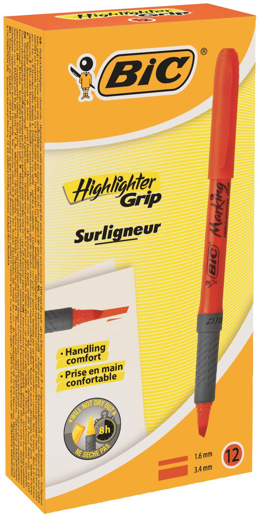 Bic Grip Highlighter Pen Chisel Tip 1.6-3.3mm Line Orange (Pack 12) - 811933 - NWT FM SOLUTIONS - YOUR CATERING WHOLESALER