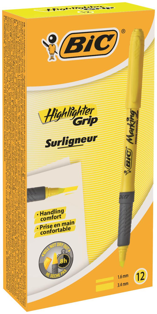 Bic Grip Highlighter Pen Chisel Tip 1.6-3.3mm Line Yellow (Pack 12) - 811935 - NWT FM SOLUTIONS - YOUR CATERING WHOLESALER