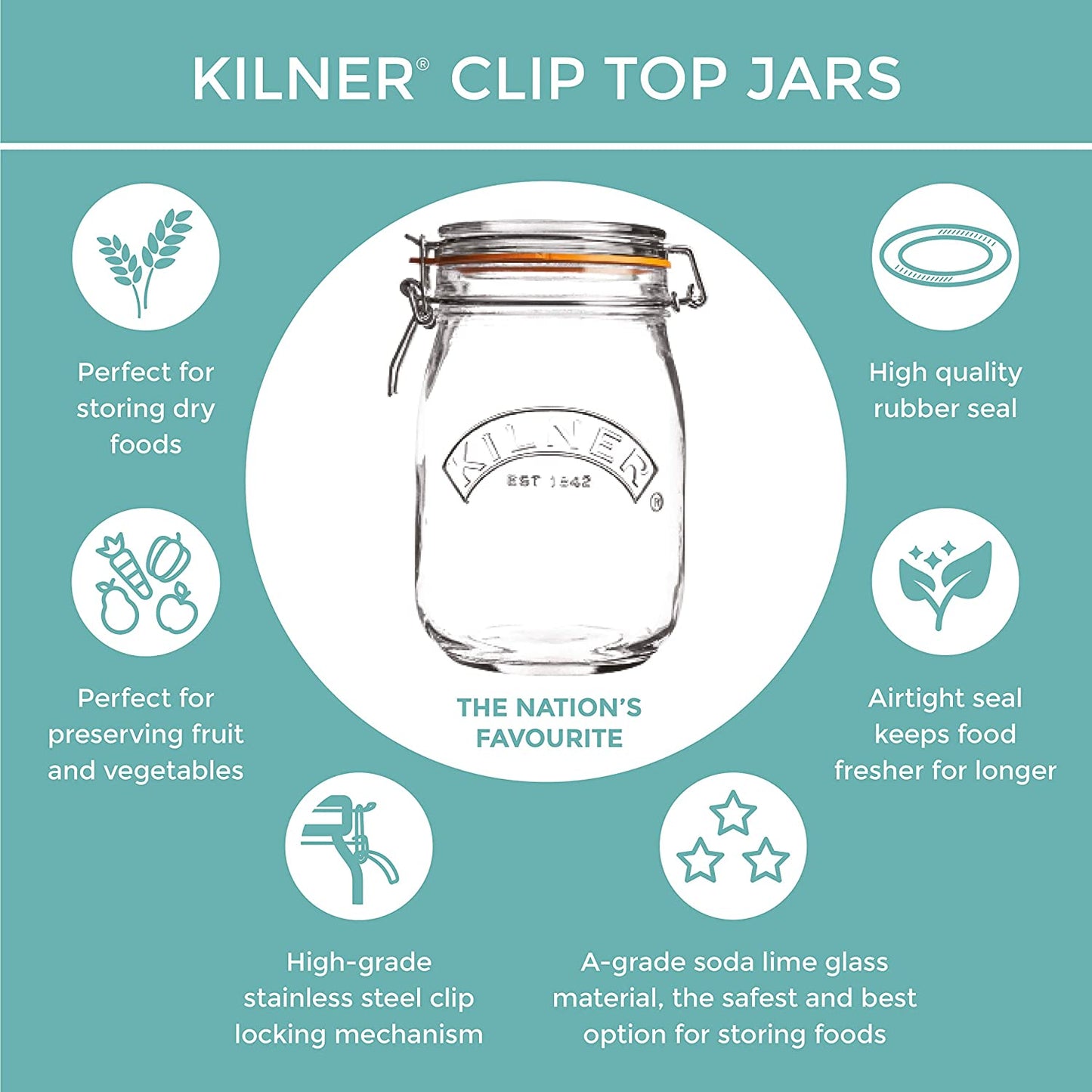 Kilner Branded LARGE SQUARE CLIP TOP Glass Preservation Storage Jar 3 Litre