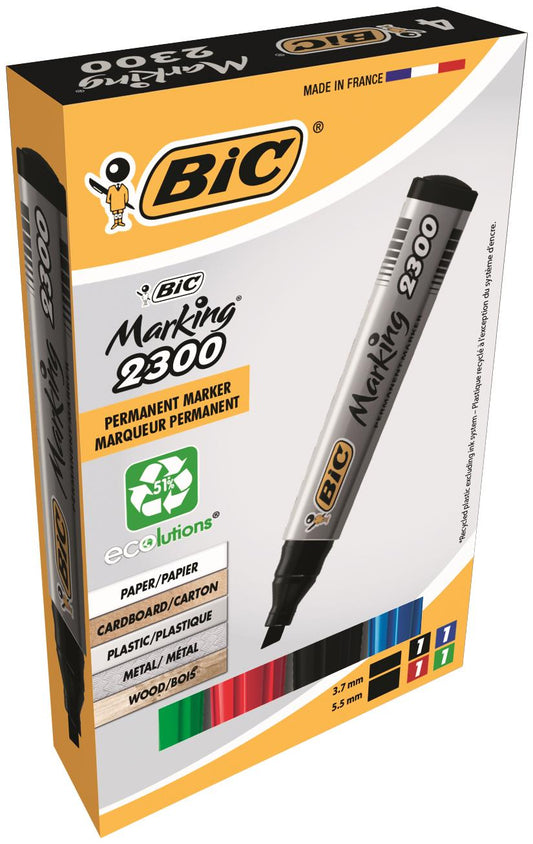Bic Marking 2300 Permanent Marker Chisel Tip 3.7-5.5mm Line Assorted Colours (Pack 4) - 8209222 - NWT FM SOLUTIONS - YOUR CATERING WHOLESALER