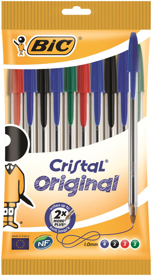 Bic Cristal Ballpoint Pen 1.0mm Tip 0.32mm Line Black/Blue/Green/Red (Pack 10) - 830865 - NWT FM SOLUTIONS - YOUR CATERING WHOLESALER