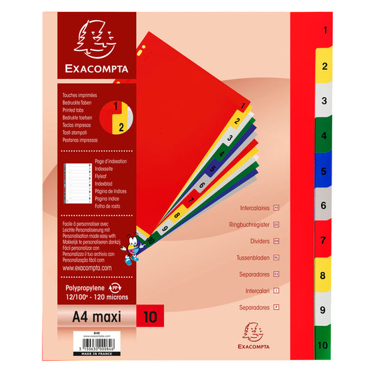 Exacompta Index 1-10 A4 Extra Wide 120 Micron Polypropylene Bright Assorted Colours - 84E - NWT FM SOLUTIONS - YOUR CATERING WHOLESALER