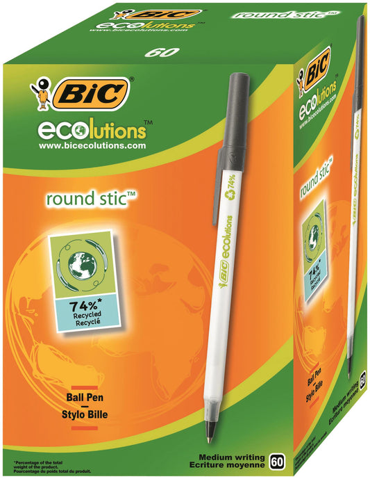 Bic Ecolutions Round Stic Ballpoint Pen Recycled 1mm Tip 0.32mm Line Black (Pack 60) - 8932392 - NWT FM SOLUTIONS - YOUR CATERING WHOLESALER
