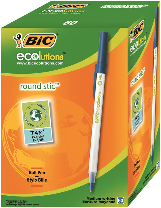 Bic Ecolutions Round Stic Ballpoint Pen Recycled 1mm Tip 0.32mm Line Blue (Pack 60) - 8932402 - NWT FM SOLUTIONS - YOUR CATERING WHOLESALER
