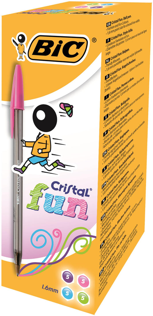 Bic Cristal Fun Ballpoint Pen 1.6mm Tip 0.42mm Line Lime Green/Pink/Purple/Turquoise (Pack 20) - 895793 - NWT FM SOLUTIONS - YOUR CATERING WHOLESALER