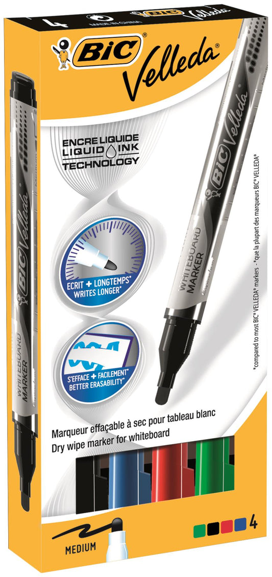 Bic Velleda Pocket Liquid Ink Whiteboard Marker Bullet Tip 2.2mm Line Assorted Colours (Pack 4) - 902094 - NWT FM SOLUTIONS - YOUR CATERING WHOLESALER