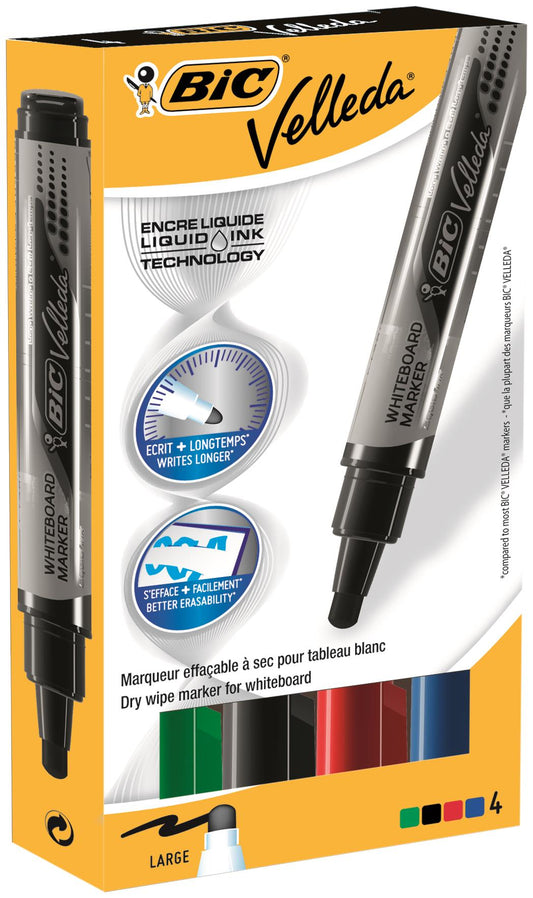 Bic Velleda Pocket Liquid Ink Whiteboard Marker Bullet Tip 2.3mm Line Assorted Colours (Pack 4) - 902099 - NWT FM SOLUTIONS - YOUR CATERING WHOLESALER