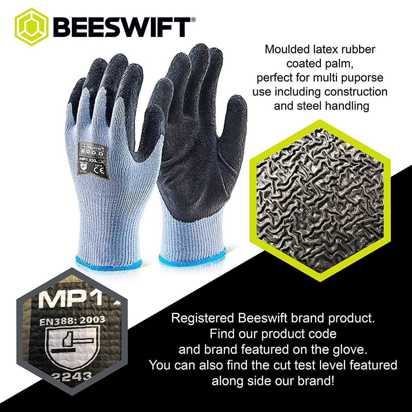 Beeswift 2000 Black/Blue Medium Latex Gloves (Pair) - NWT FM SOLUTIONS - YOUR CATERING WHOLESALER