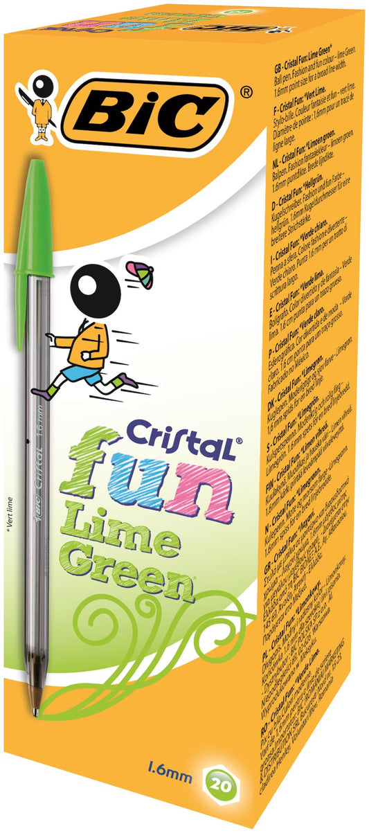 Bic Cristal Fun Ballpoint Pen 1.6mm Tip 0.42mm Line Lime Green (Pack 20) - 927885 - NWT FM SOLUTIONS - YOUR CATERING WHOLESALER