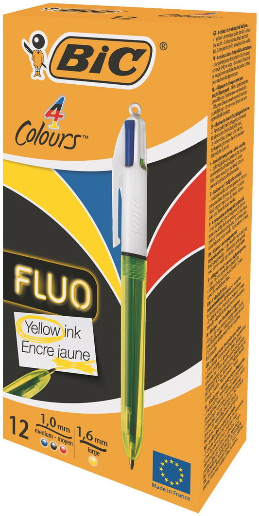 Bic 4 Colours Fluo Ballpoint Pen & Highlighter 1.0 Tip 0.32 Line & 1.6 Tip 0.42 Line Yellow/White Barrel Black/Blue/Red/Yellow Ink (Pack 12) - 933948 - NWT FM SOLUTIONS - YOUR CATERING WHOLESALER