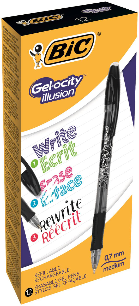 Bic Gel-ocity Illusion Erasable Gel Rollerball Pen 0.7mm Tip 0.3mm Line Black (Pack 12) - 943441 - NWT FM SOLUTIONS - YOUR CATERING WHOLESALER