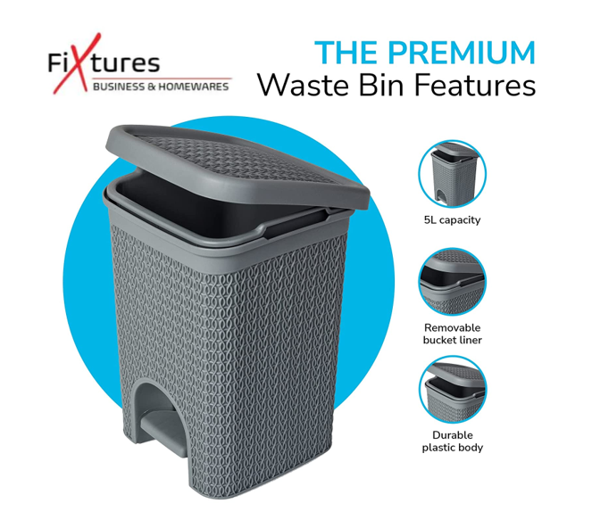 Fixtures Lace Design Grey Pedal Bin 5 Litre - NWT FM SOLUTIONS - YOUR CATERING WHOLESALER