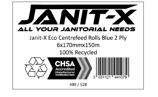Janit-X Eco 2-Ply Centrefeed Roll 150m Blue (Pack of 6) CHSA Accredited