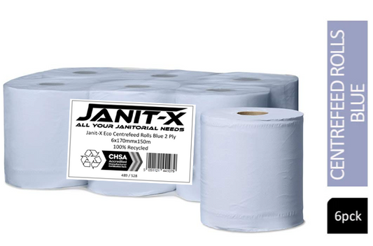 Janit-X Eco 100% Recycled Centrefeed Rolls Blue 6 x 150m  - NWT FM SOLUTIONS - YOUR CATERING WHOLESALER