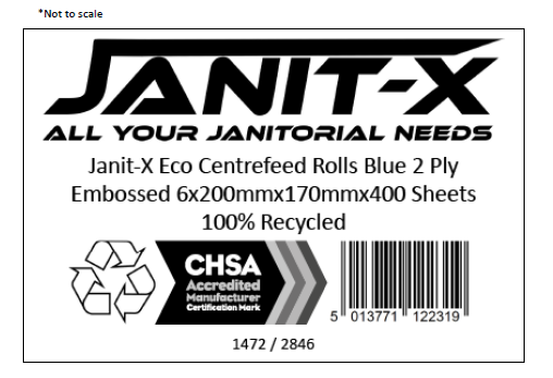 Janit-X Eco 100% Recycled Centrefeed Rolls Blue 6 x 400s