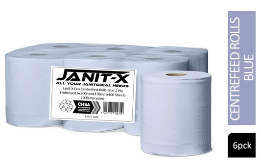 Janit-X Eco 100% Recycled Centrefeed Rolls Blue 6 x 400s - NWT FM SOLUTIONS - YOUR CATERING WHOLESALER