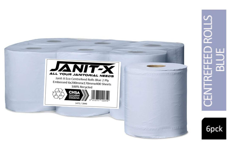 Janit-X Eco 100% Recycled Centrefeed Rolls Blue 6 x 400s - NWT FM SOLUTIONS - YOUR CATERING WHOLESALER