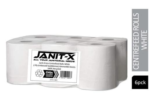 Janit-X Eco 100% Recycled Centrefeed Rolls White 6 x 400s - NWT FM SOLUTIONS - YOUR CATERING WHOLESALER