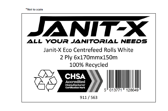 Janit-X 2-Ply 100% Recycled Centrefeed Roll 150m White (Pack of 6) CHSA Accredited