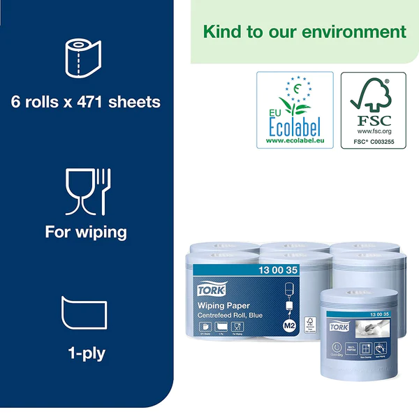 Tork Wiping Paper Centrefeed Roll Blue 6's {130035}