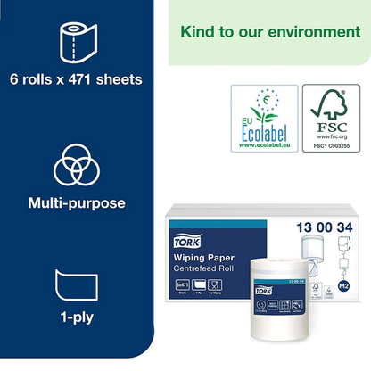 Tork Wiping Paper Centrefeed Roll White 6's {130034}