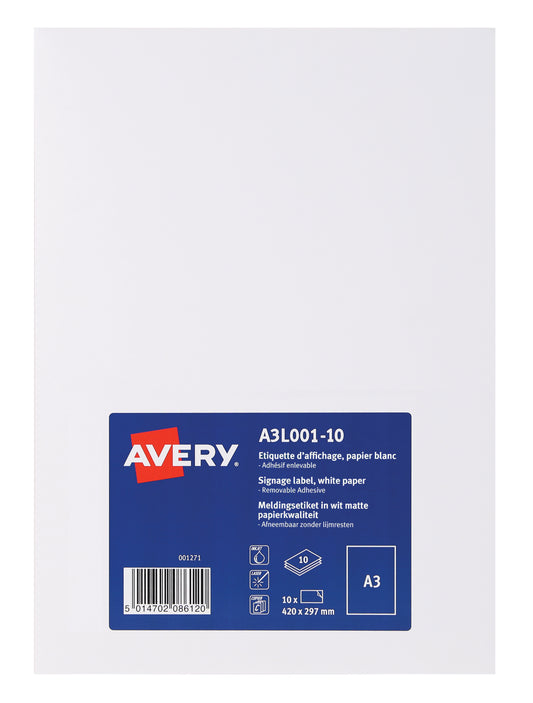 Avery Display Label A3 Removable Matt White (Pack 10 Labels) A3L001-10 - NWT FM SOLUTIONS - YOUR CATERING WHOLESALER