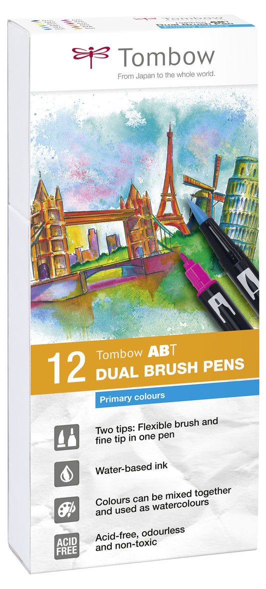Tombow ABT Dual Brush Pen 2 Tips Primary Assorted Colours (Pack 12) - ABT-12P-1 - NWT FM SOLUTIONS - YOUR CATERING WHOLESALER