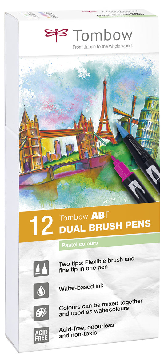Tombow ABT Dual Brush Pen 2 Tips Pastel Assorted Colours (Pack 12) - ABT-12P-2 - NWT FM SOLUTIONS - YOUR CATERING WHOLESALER