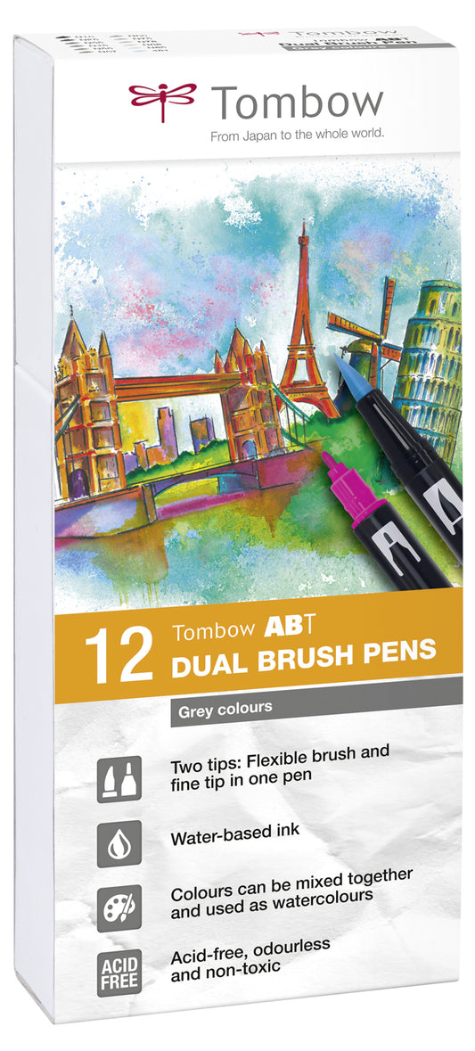 Tombow ABT Dual Brush Pen 2 Tips Grey Colours (Pack 12) - ABT-12P-3 - NWT FM SOLUTIONS - YOUR CATERING WHOLESALER