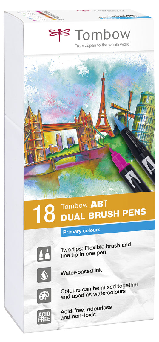 Tombow ABT Dual Brush Pen 2 Tips Primary Assorted Colours (Pack 18) - ABT-18P-1 - NWT FM SOLUTIONS - YOUR CATERING WHOLESALER