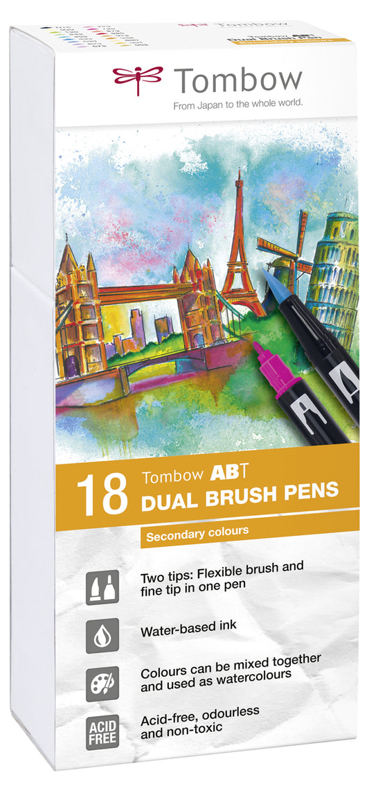 Tombow ABT Dual Brush Pen 2 Tips Secondary Assorted Colours (Pack 18) - ABT-18P-2 - NWT FM SOLUTIONS - YOUR CATERING WHOLESALER