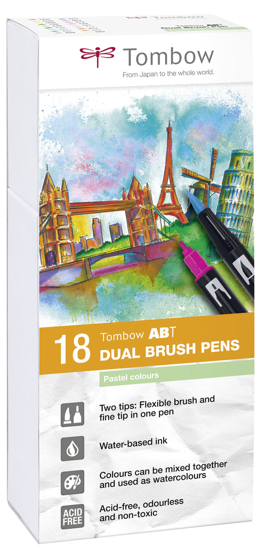 Tombow ABT Dual Brush Pen 2 Tips Pastel Assorted Colours (Pack 18) - ABT-18P-5 - NWT FM SOLUTIONS - YOUR CATERING WHOLESALER